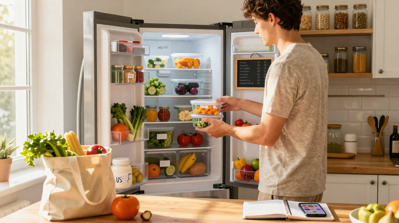 Homem a organizar recipientes com vegetais frescos na cozinha junto a frigorífico aberto e sacola de compras.