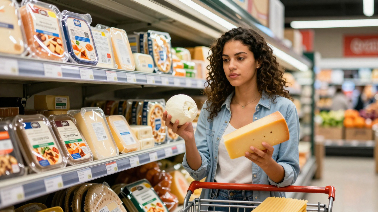 Mulher com carrinho de compras escolhe queijos numa secção de supermercado.
