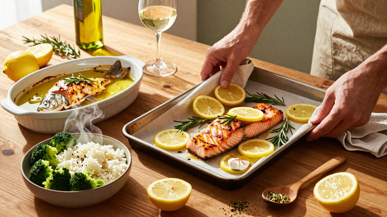 Pessoa a decorar salmão grelhado com rodelas de limão numa assadeira, com peixe assado, arroz, brócolos e vinho sobre a mesa.