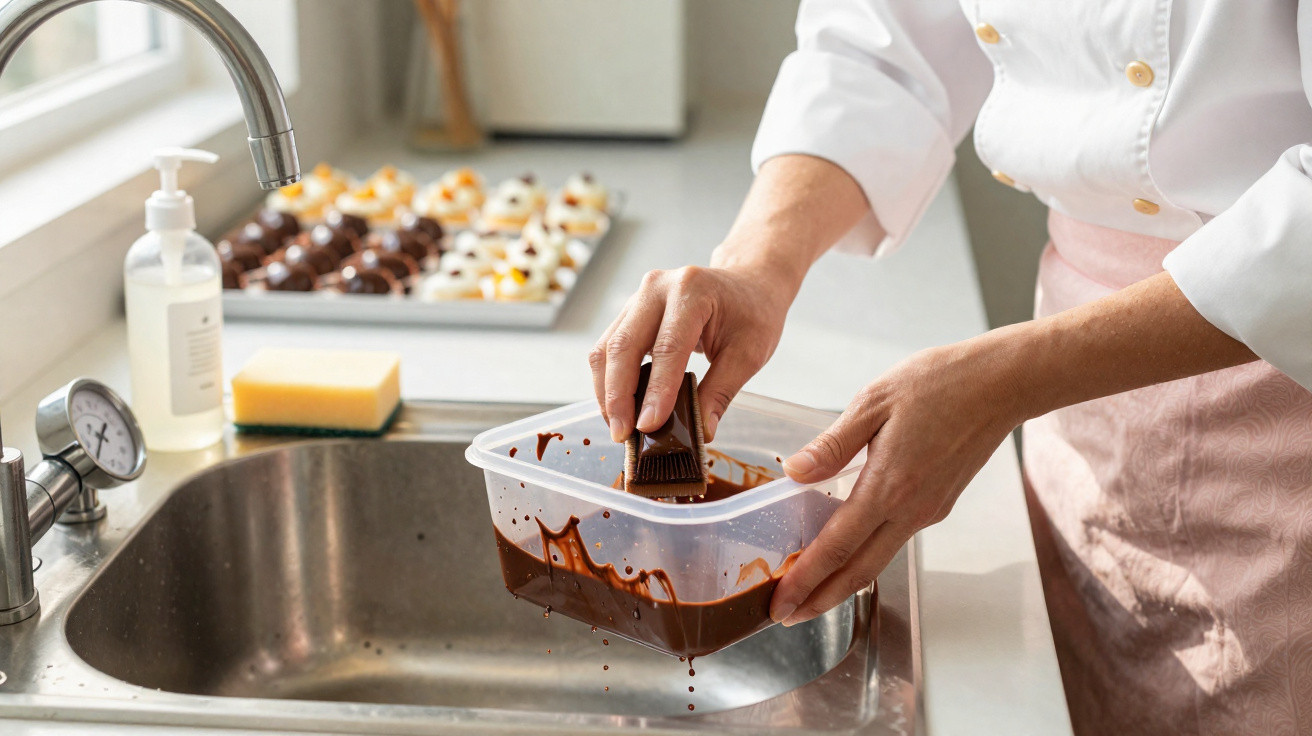 Pessoa a mergulhar bombons em chocolate derretido numa tigela sobre a pia da cozinha.
