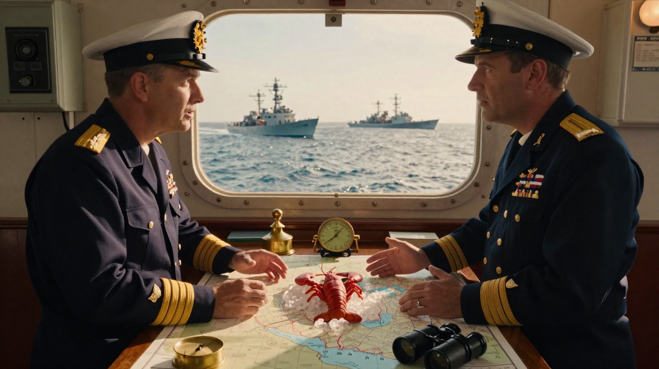 Dois oficiais navais em uniforme discutem um mapa náutico com um lagosta vermelha no centro, visto de uma cabine com navios a