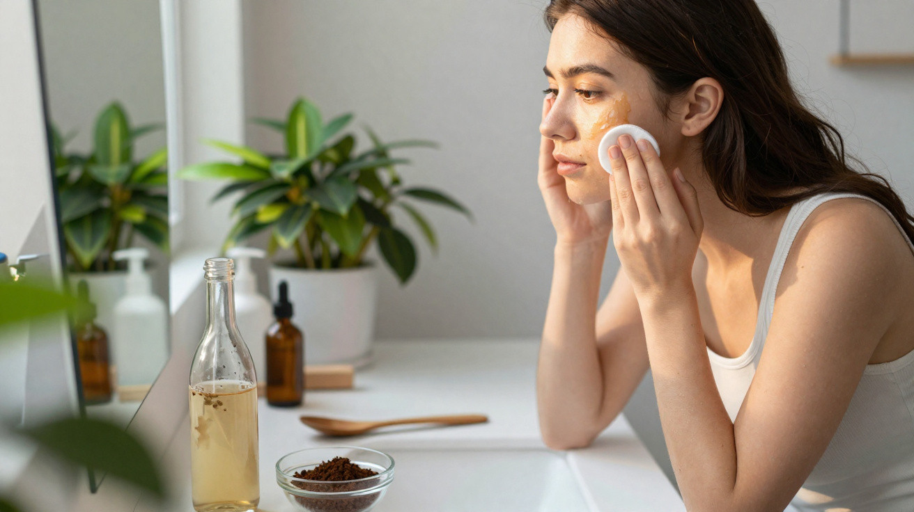 Mulher a limpar o rosto com disco de algodão numa bancada com produtos de cuidado facial e planta.