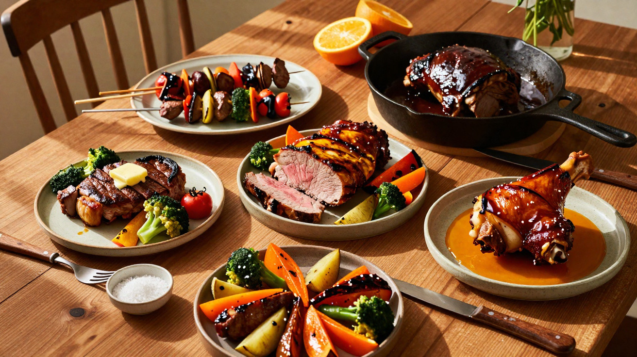 Mesa de madeira com pratos de carne e legumes variados, incluindo espetadas, bife, assados e legumes cozinhados.