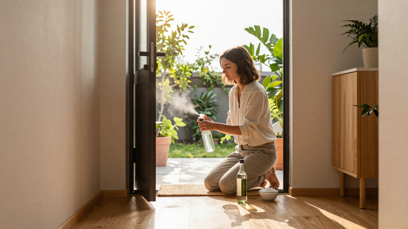 Mulher a pulverizar plantas com spray dentro de casa junto a uma porta aberta para o jardim.