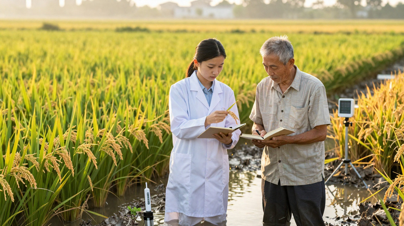 Mulher cientista e agricultor analisam dados numa plantação de arroz alagada ao pôr do sol.