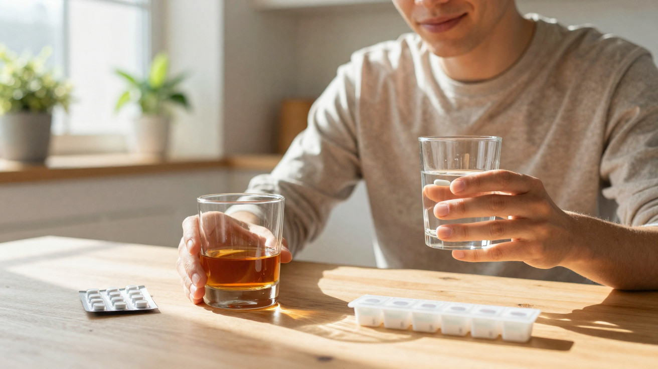 Pessoa sentada a segurar um copo de água num braço e um copo de bebida alcoólica no outro, com comprimidos e caixa de medicaç