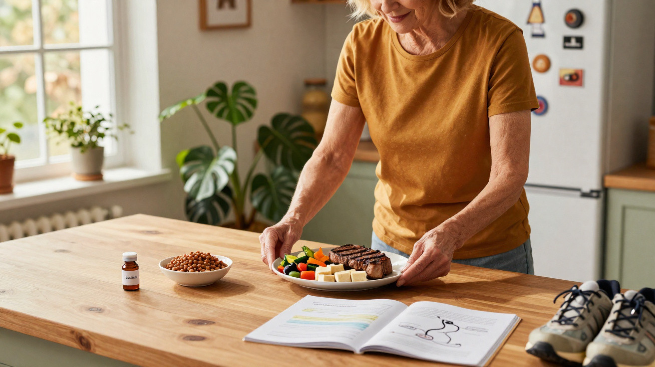 Mulher idosa a colocar prato com legumes e carne na mesa de cozinha ao lado de livro aberto e medicamentos.