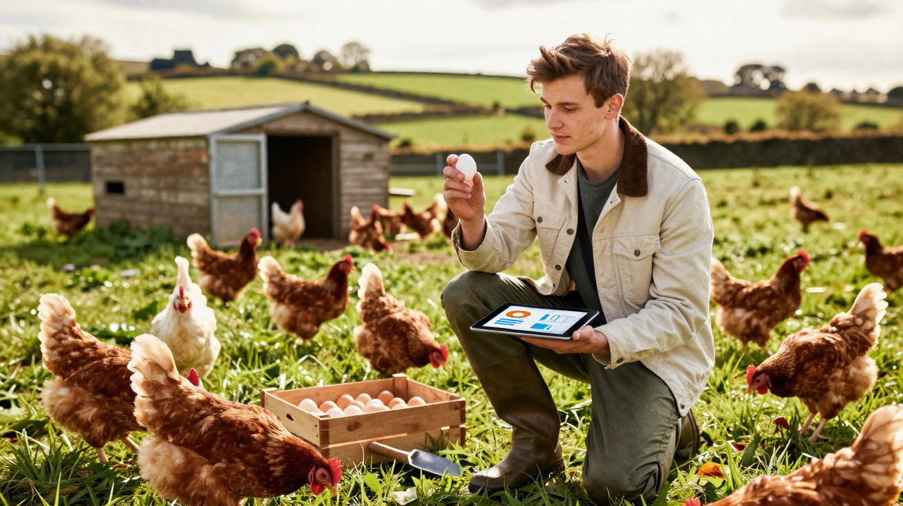 Homem num campo com galinhas, segurando ovo e tablet, ao lado de caixa cheia de ovos.
