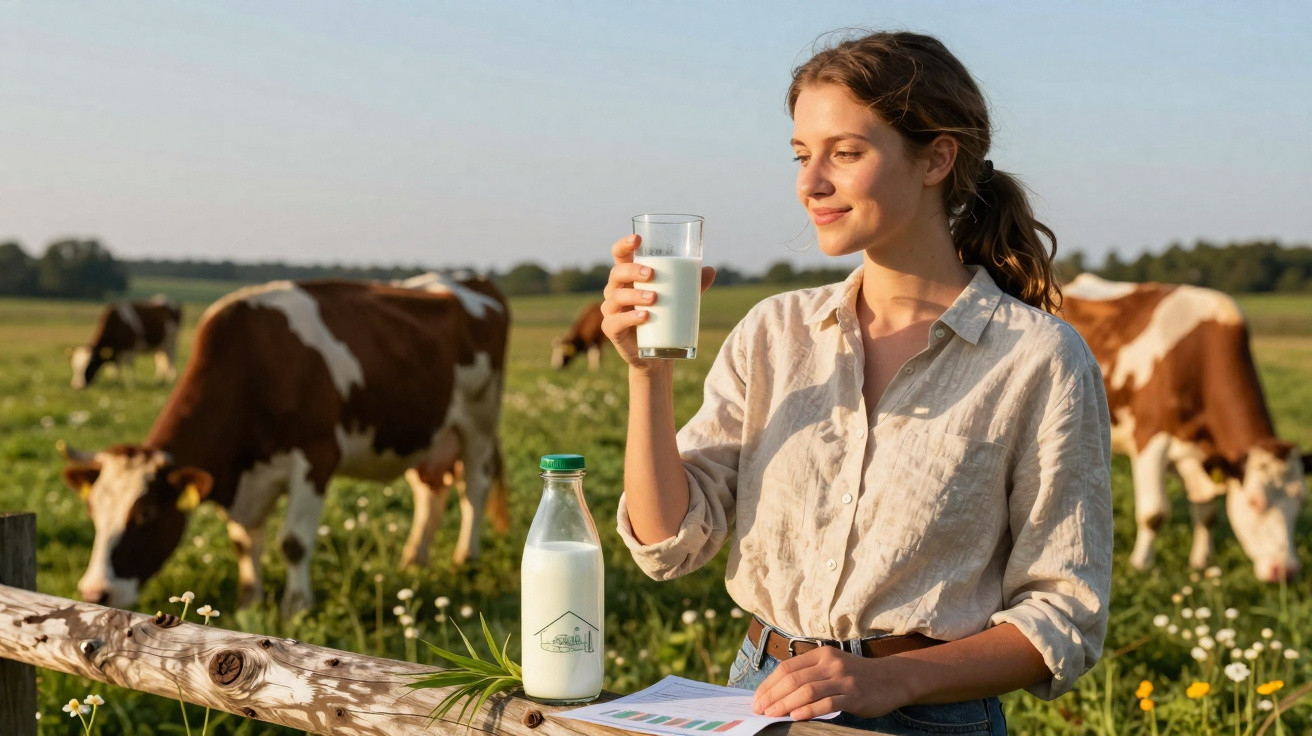 Jovem num campo com vacas, segurando um copo de leite e uma garrafa de leite numa cerca de madeira.