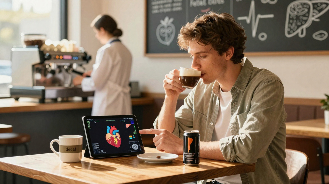 Homem sentado num café a beber café e a olhar para um tablet com imagem digital de coração humano.