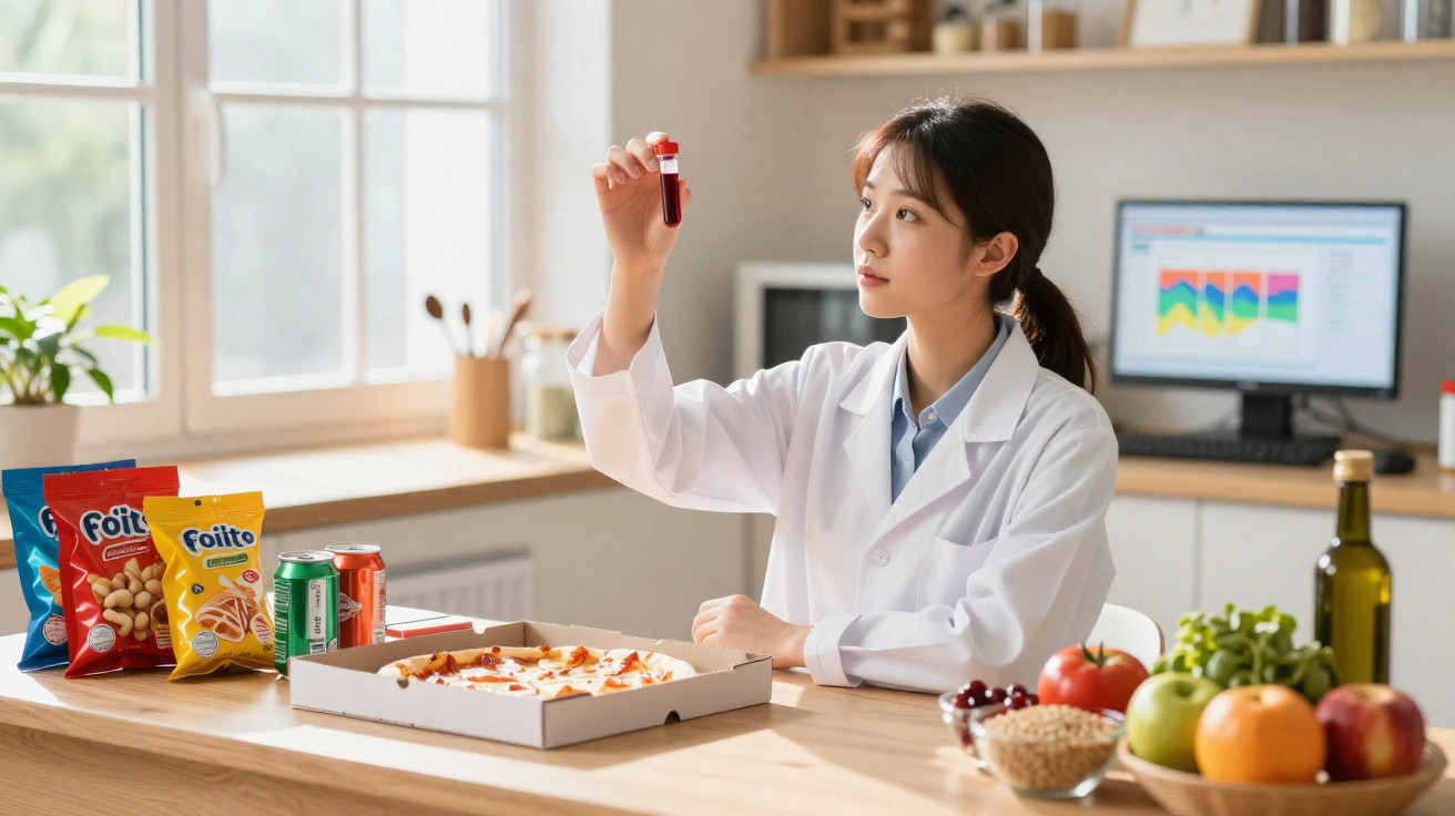 Mulher científica a analisar amostra de sangue na mesa com comida e snacks variados.