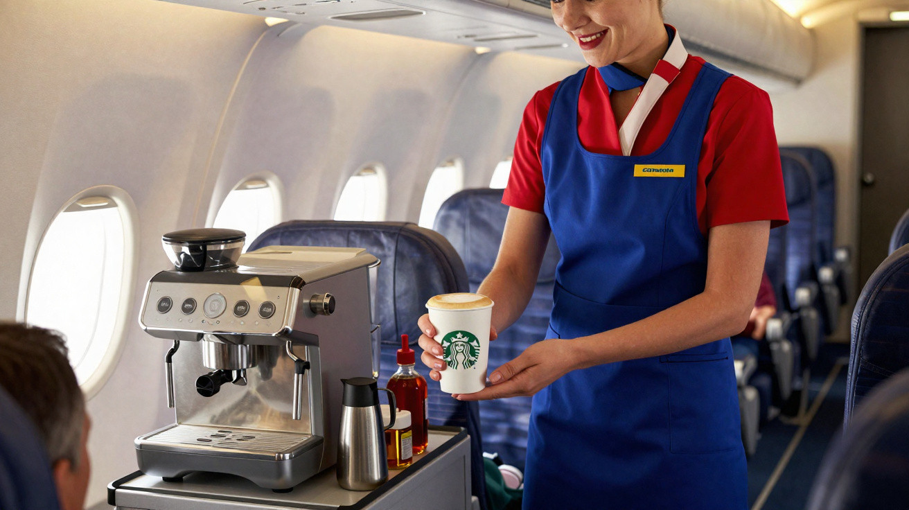 Assistente de cabine a servir café Starbucks a passageiro dentro de avião.