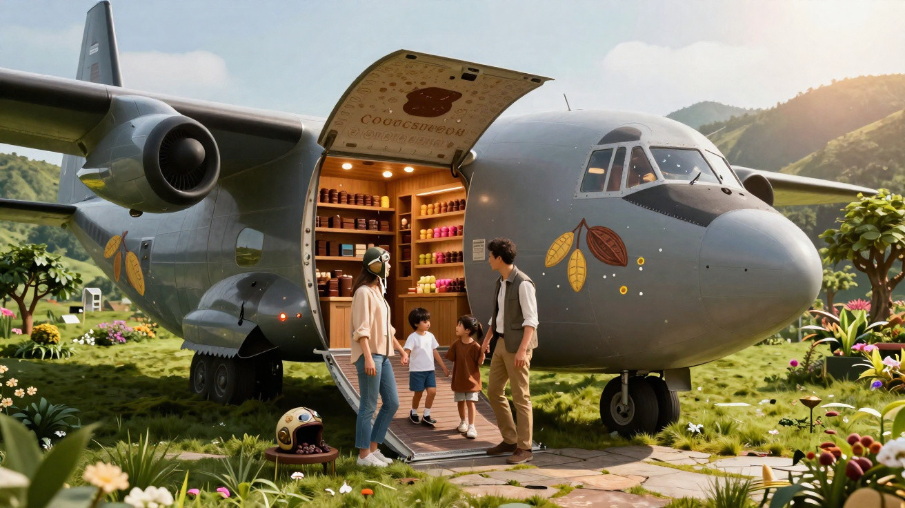 Avião transformado em loja de chocolates com família a explorar num cenário natural e florido.