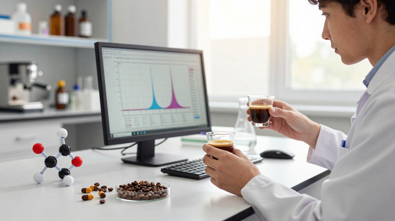 Cientista de jaleco analisa amostras de café e gráficos num laboratório moderno com modelos moleculares.