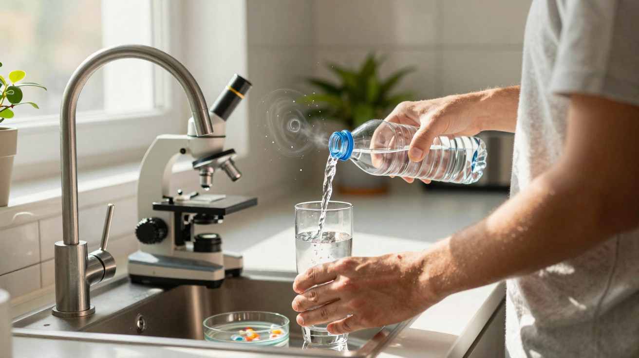 Pessoa a servir água num copo transparente numa cozinha com microscópio e plantas ao fundo.