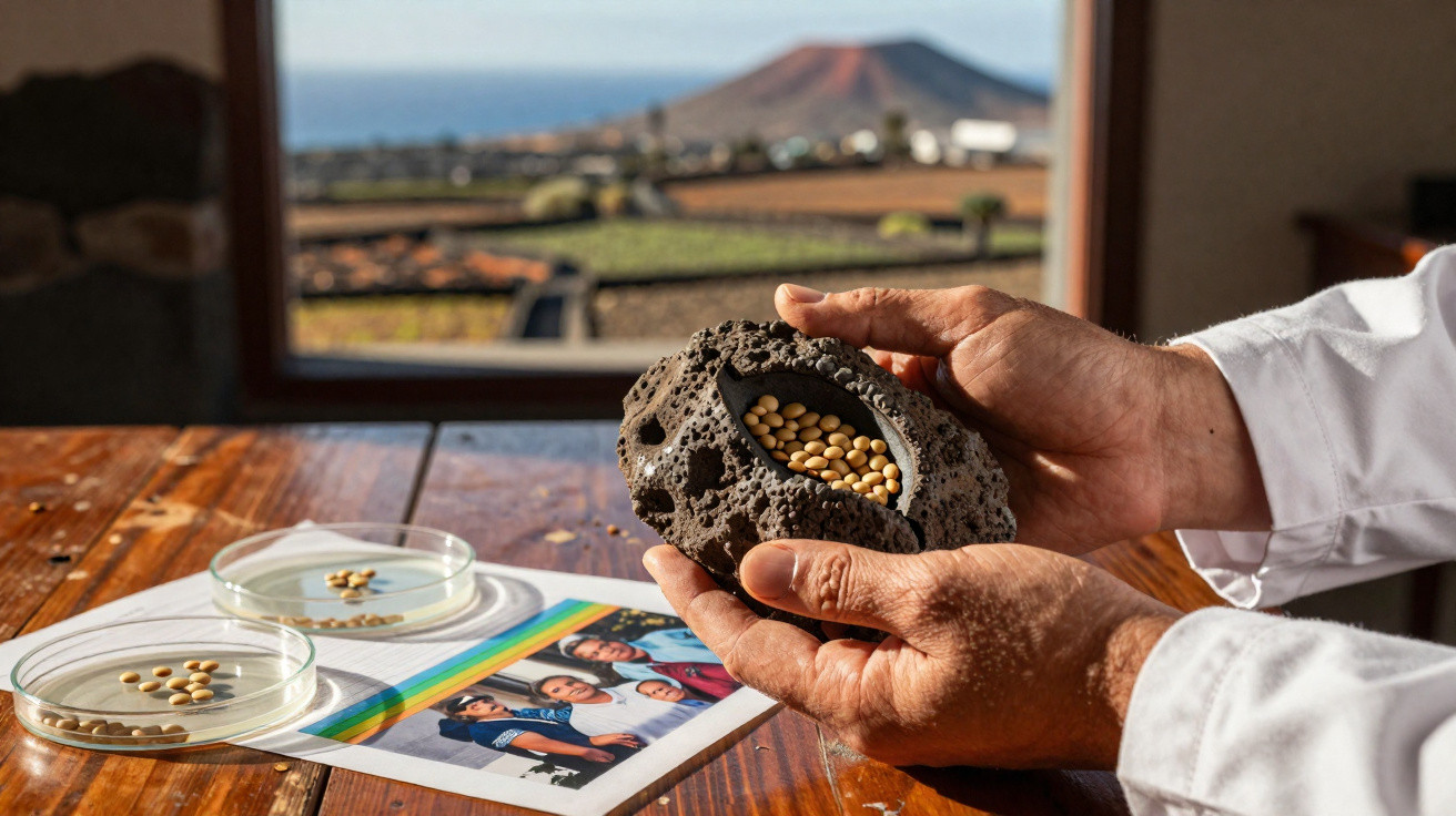 Mãos seguram sementeiras de pedra vulcânica com grãos, mesa com petri, foto de crianças, paisagem e vulcão ao fundo.