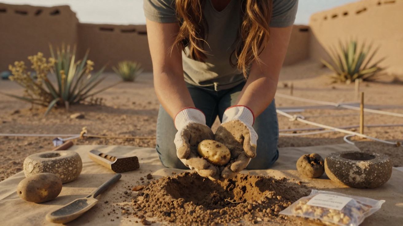 Pessoa com luvas segurando batata para plantar num solo árido rodeada por utensílios de cultivo.