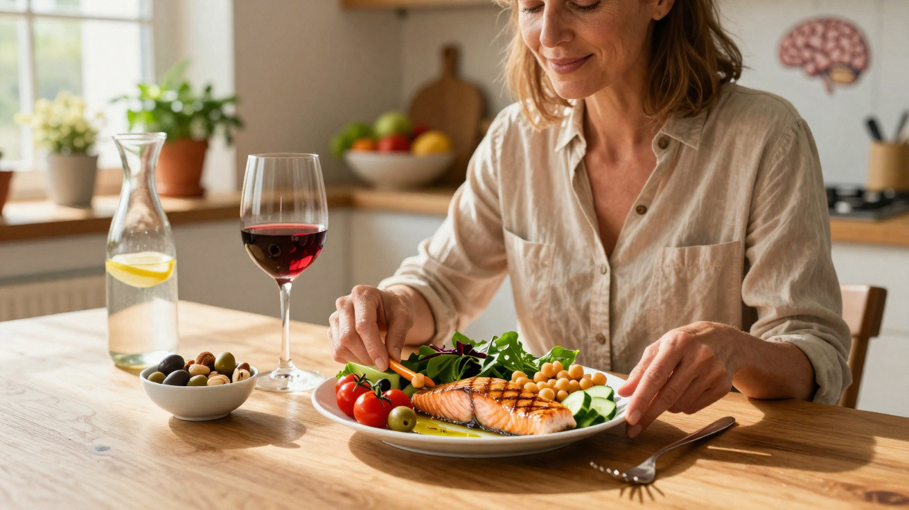 Mulher a sorrir enquanto prepara e come uma refeição saudável com salmão, legumes e grão-de-bico numa cozinha.