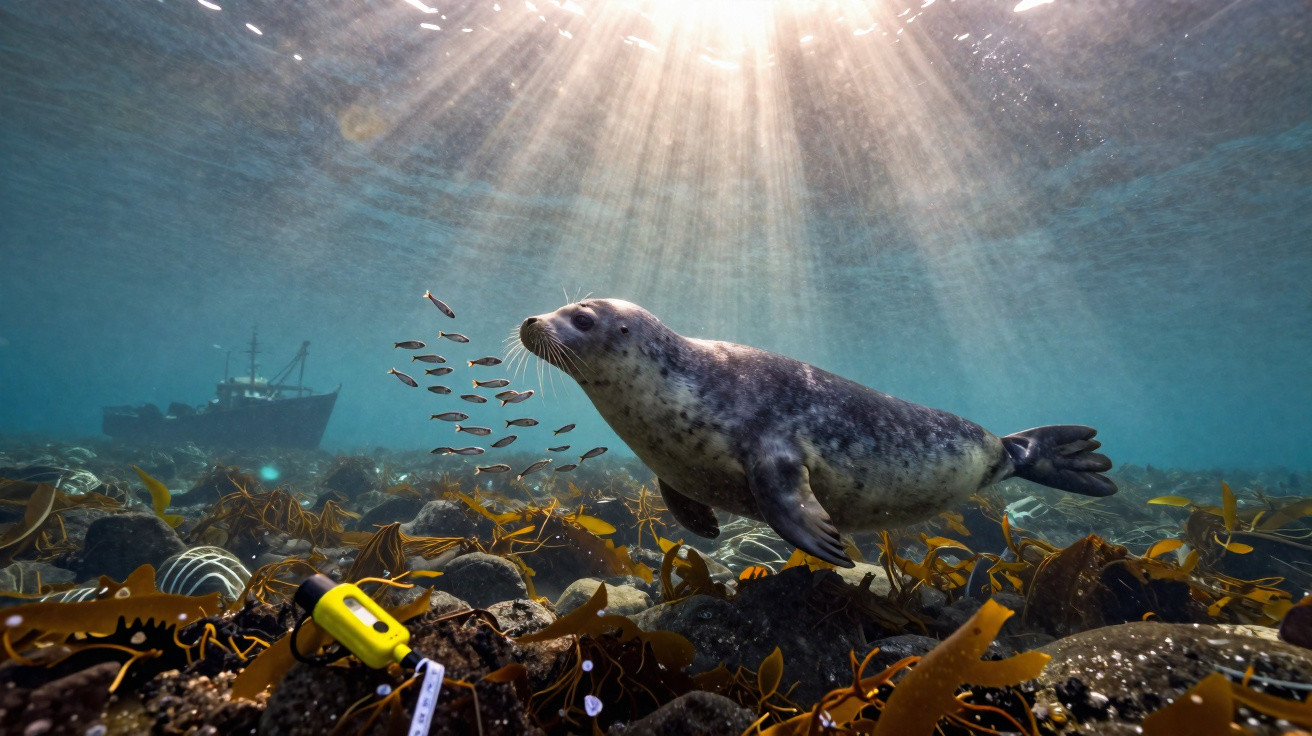 Foca subaquática entre algas e peixes, com luz solar a penetrar na água e um barco ao fundo.