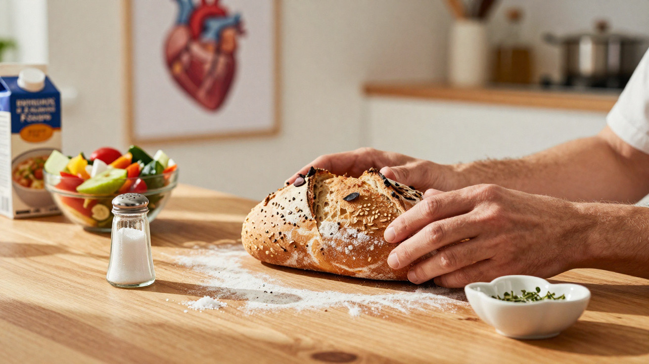 Mãos a partir um pão rústico com sementes numa bancada de madeira, com sal, vegetais e molho.