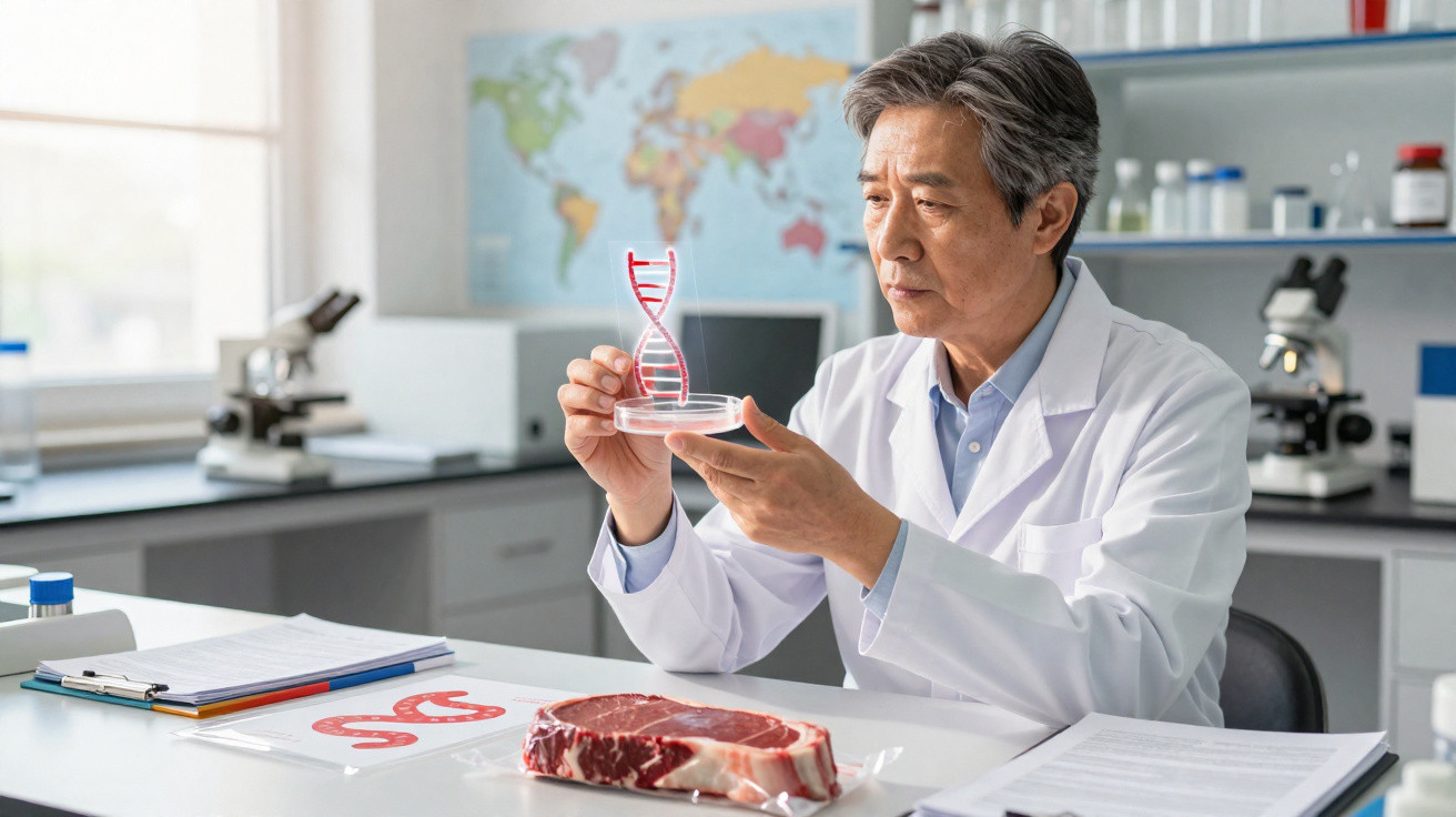 Cientista em laboratório observa modelo de ADN segurando placa petri, com pedaço de carne à sua frente.