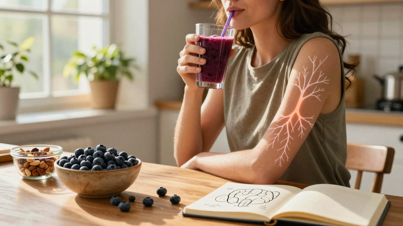 Mulher a beber batido roxo, com braço ilustrado e frutos numa mesa iluminada por janela.