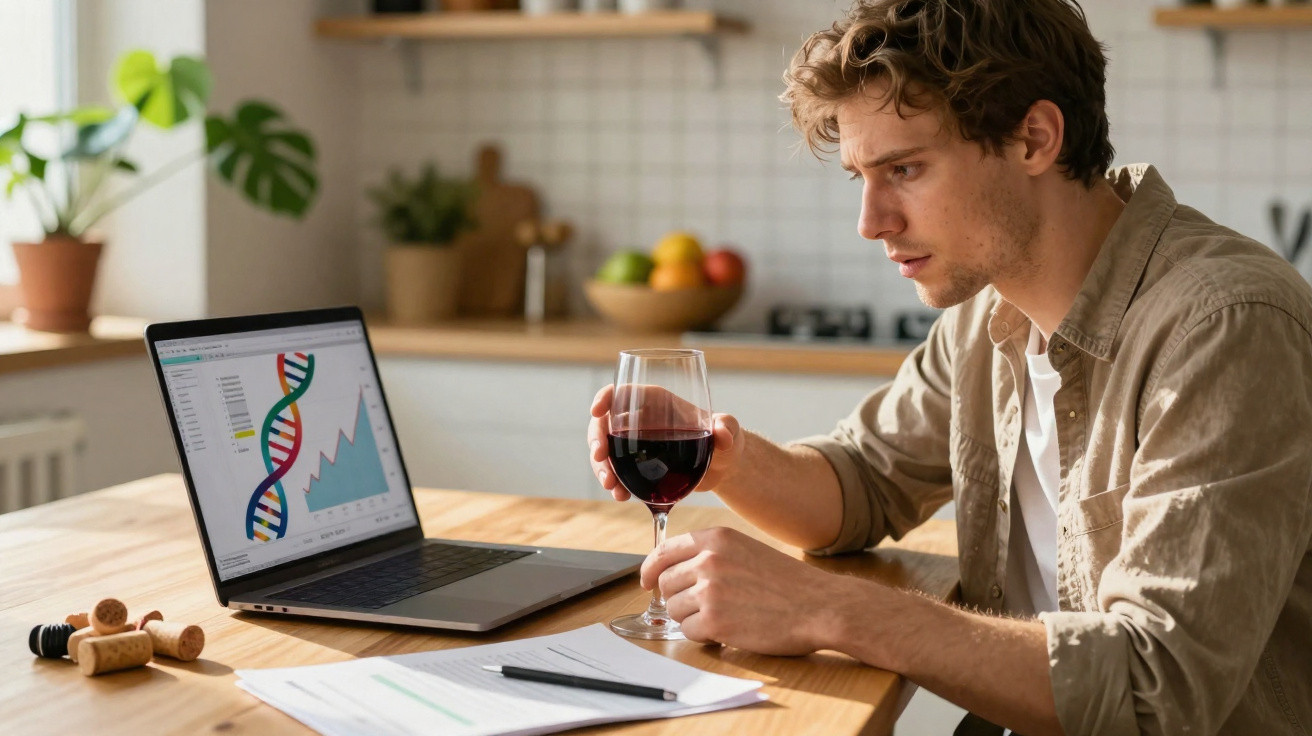 Homem sentado à mesa com copo de vinho tinto, a analisar gráficos e uma imagem de ADN no portátil.