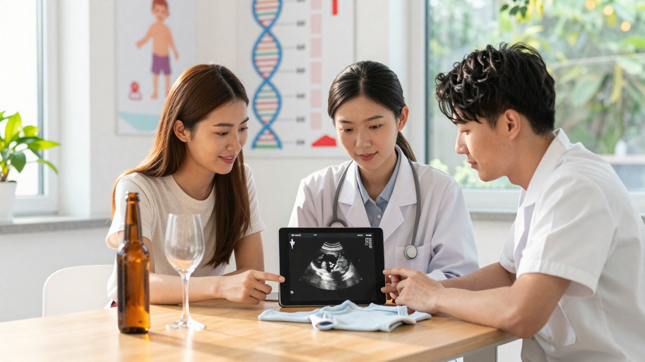 Casal conversa com médico sobre ecografia de gravidez mostrada num tablet.