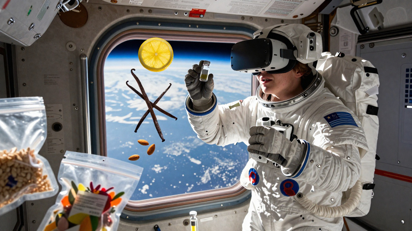 Astronauta em traje espacial usando óculos VR dentro de estação espacial, com Terra ao fundo e objetos flutuantes.
