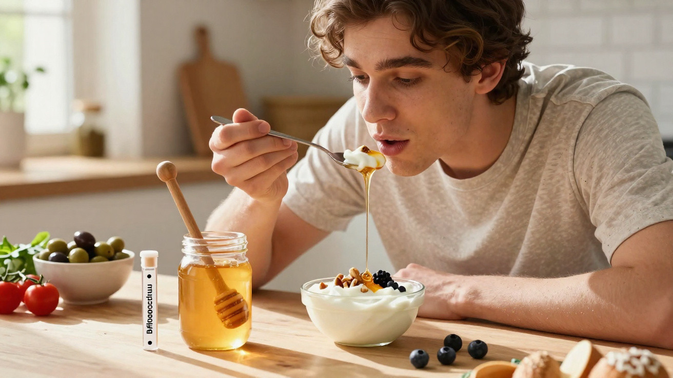 Jovem a comer iogurte com nozes e mirtilos, regando com mel numa cozinha luminosa.