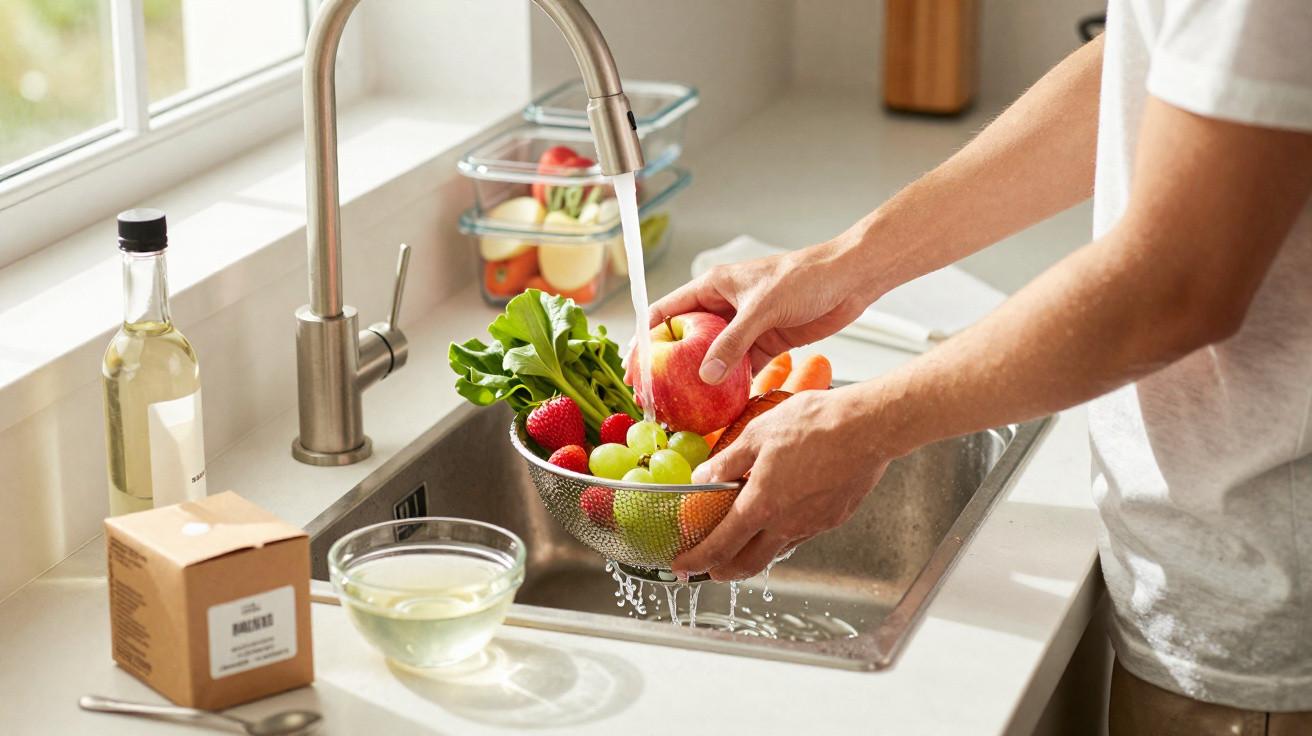 Pessoa a lavar maçã e outros frutos frescos numa cozinha luminosa com pia de aço inoxidável.