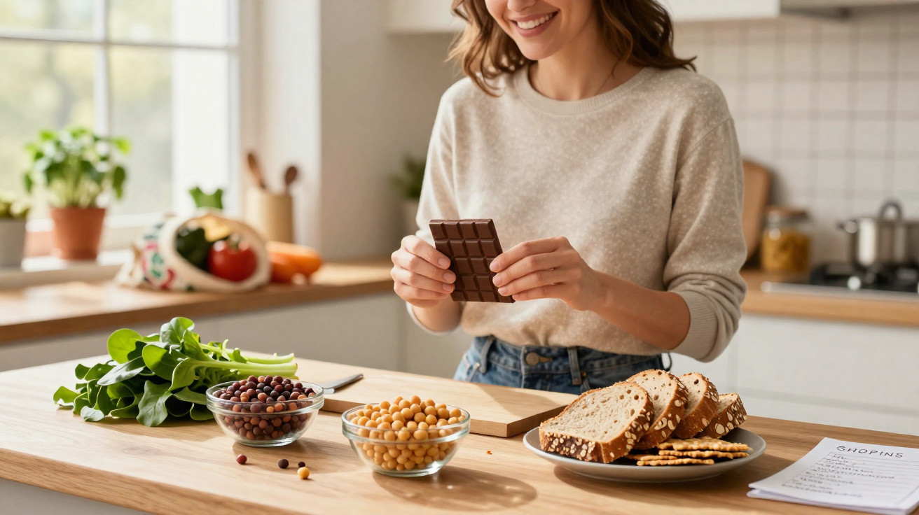 Mulher sorridente na cozinha, segurando chocolate, com vegetais, leguminosas e pão à sua frente.