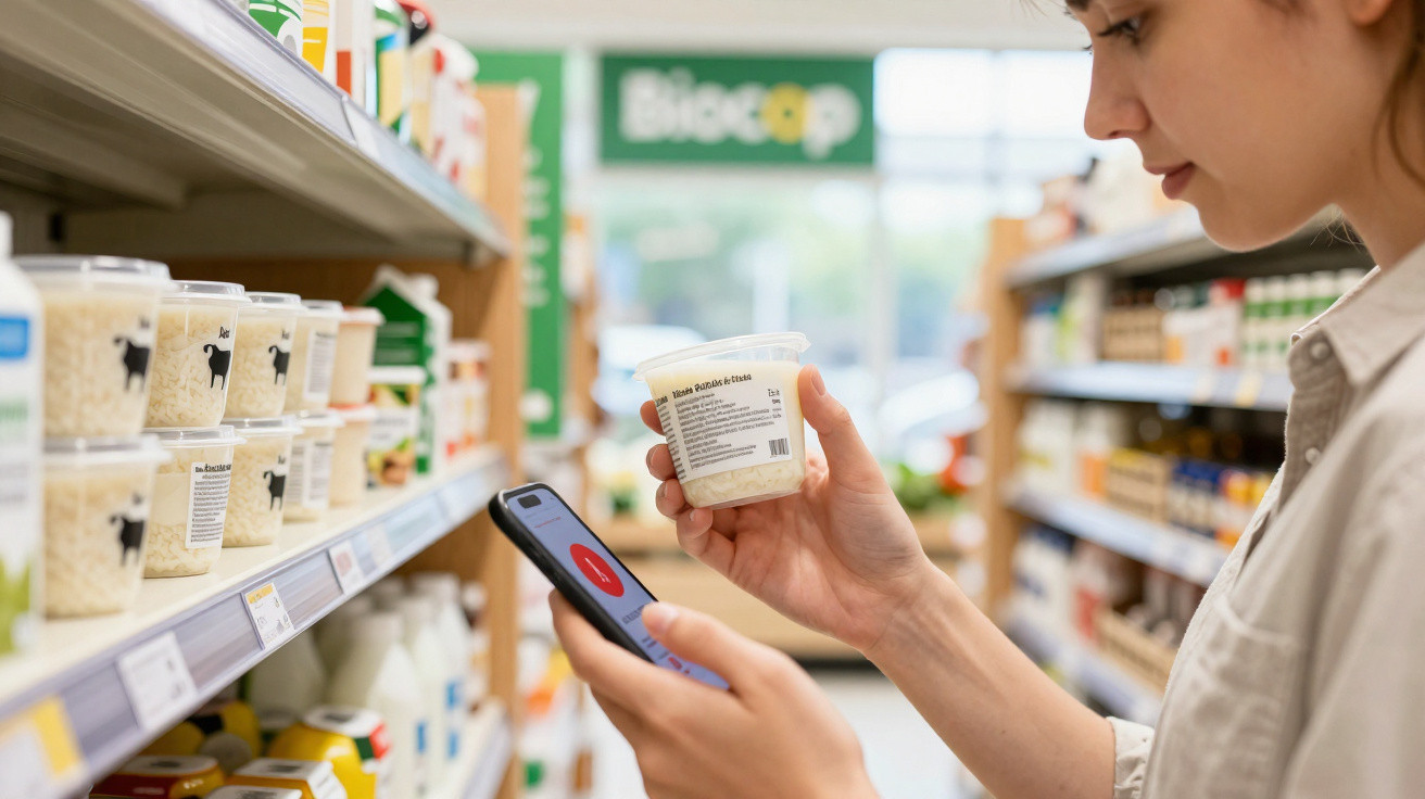 Pessoa a usar telemóvel para ler rótulo de produto num supermercado Biocoop.