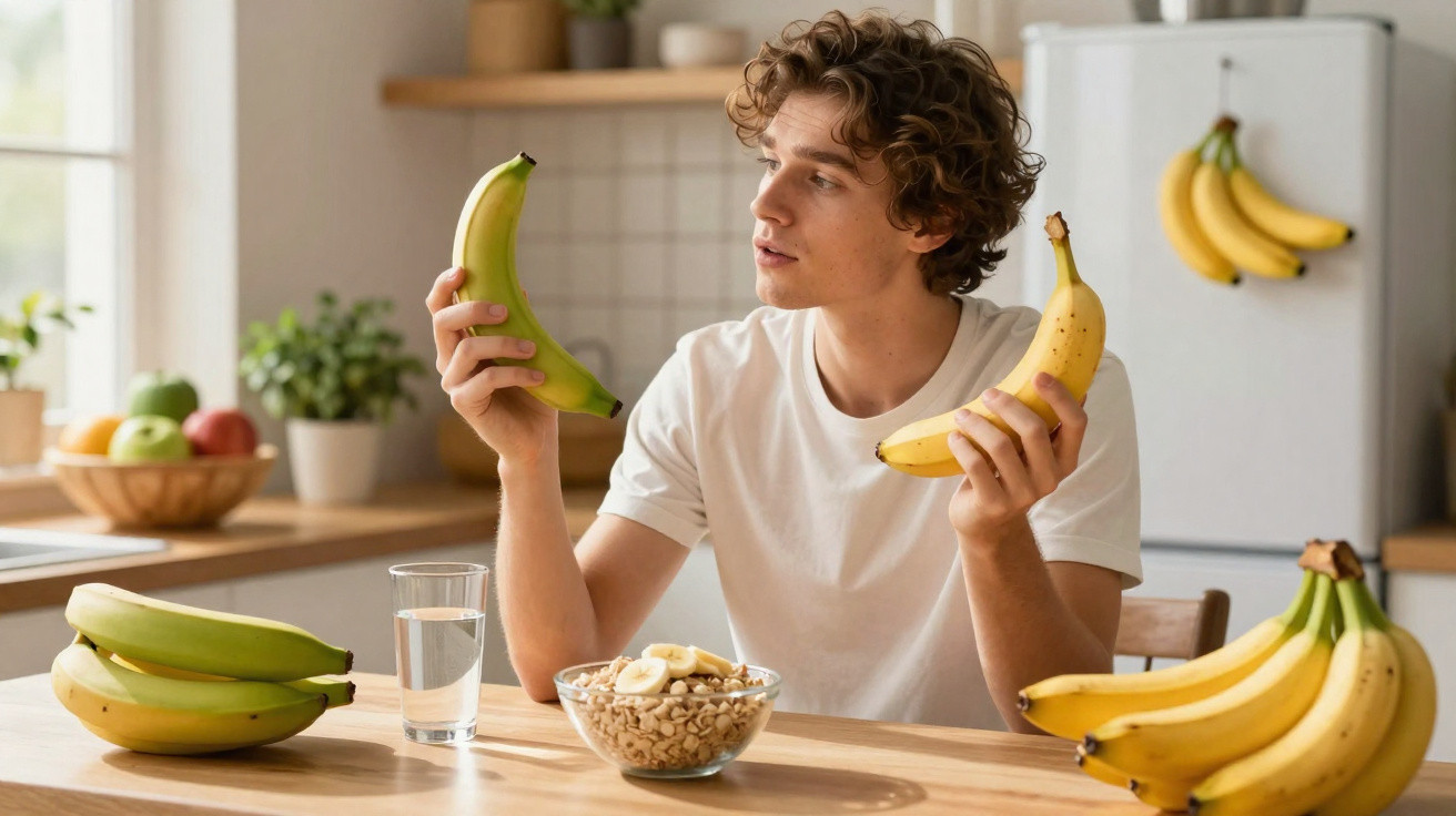 Homem sentado à mesa a comparar uma banana verde com uma banana madura na cozinha iluminada.
