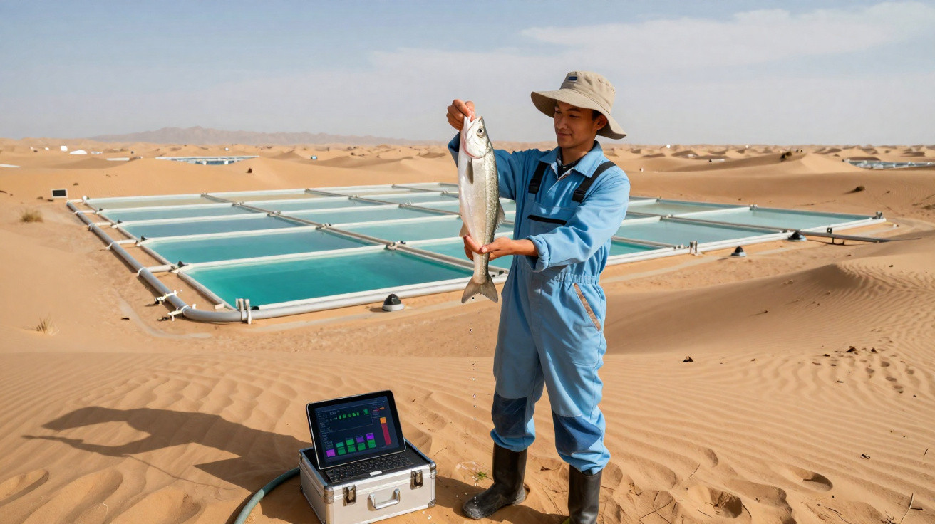 Homem segurar peixe junto a tanques de aquicultura no deserto com laptop aberto no chão.