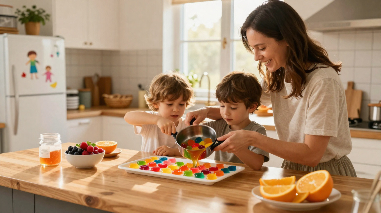 Mulher e crianças a fazer gelatina colorida numa cozinha iluminada e acolhedora.