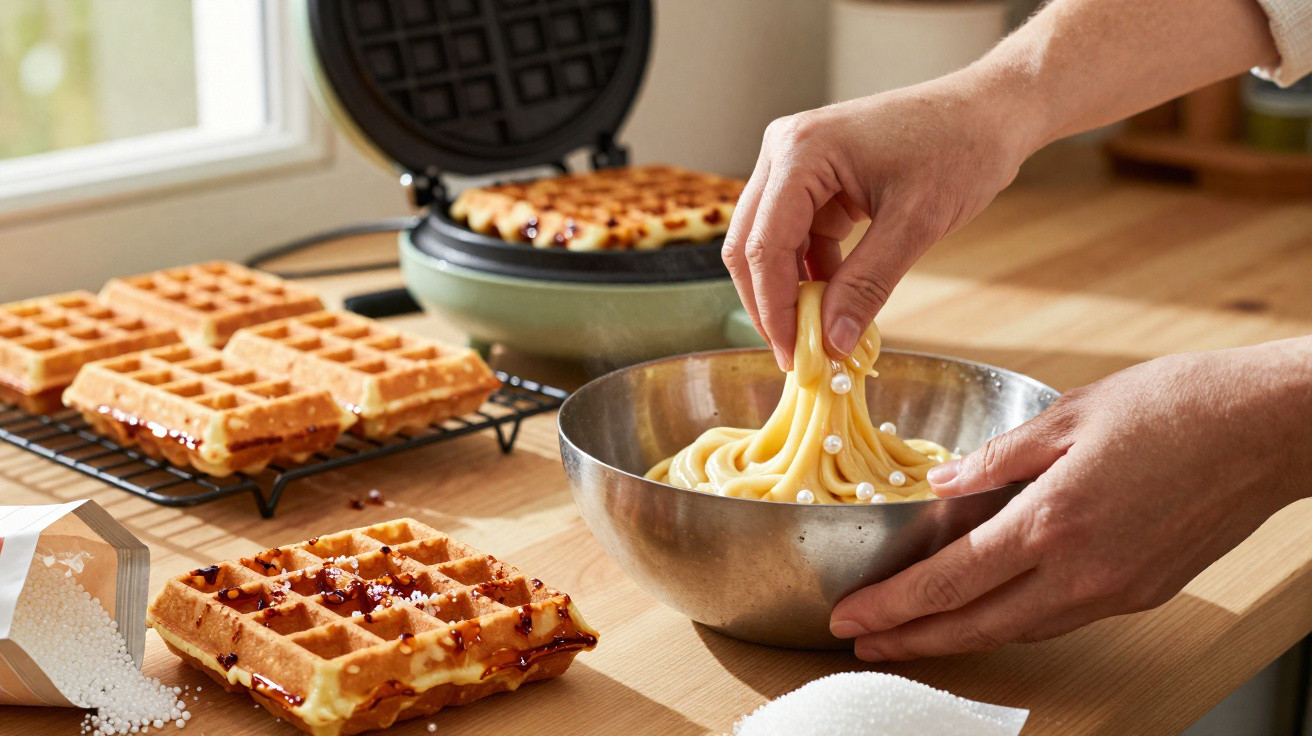 Pessoa a preparar cobertura doce para waffles acabados de fazer numa bancada de cozinha.
