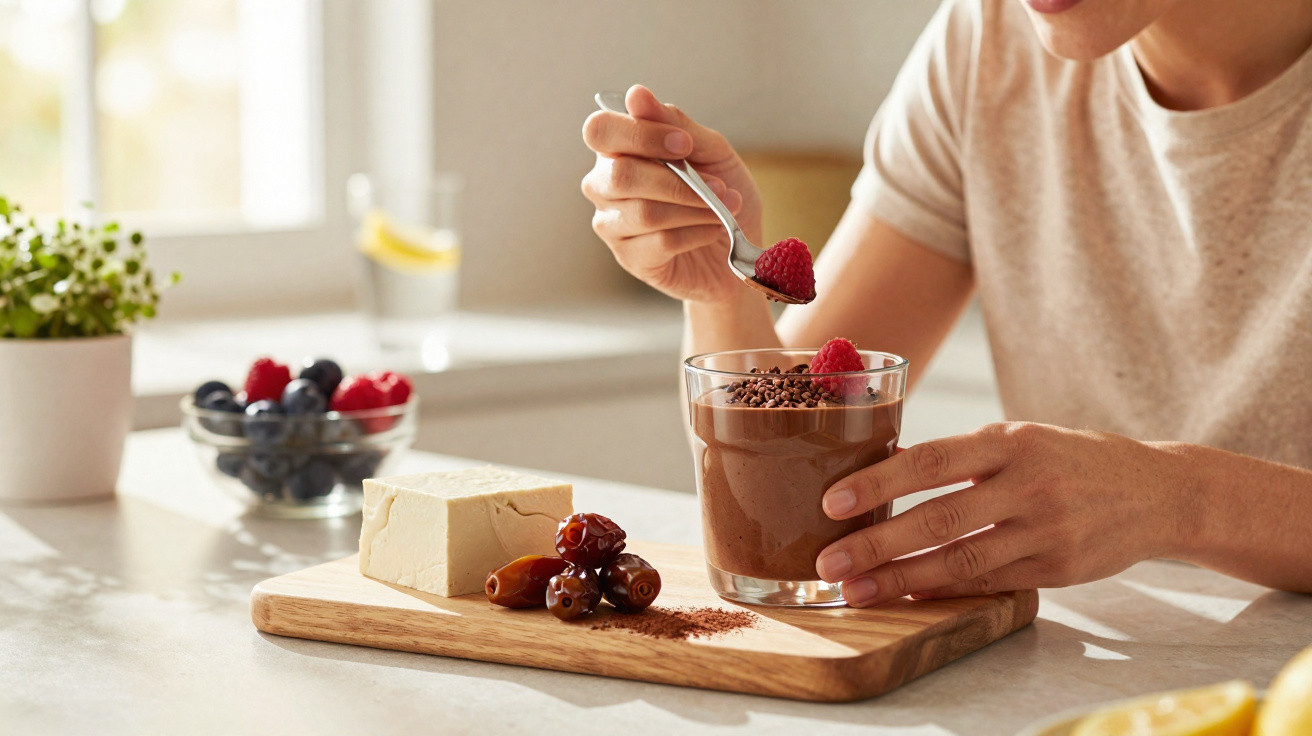 Pessoa a comer mousse de chocolate em copo, com tâmaras, tofu e frutos vermelhos sobre a mesa.