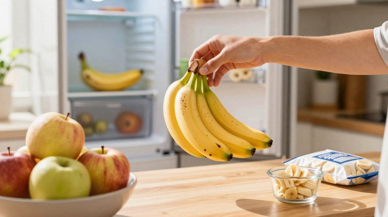 Mão a segurar um cacho de bananas amarelas numa cozinha com maçãs numa taça e frigorífico ao fundo.