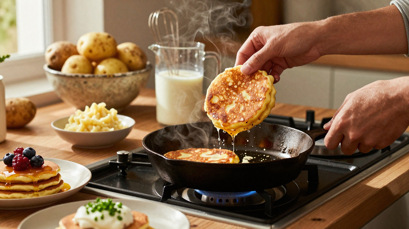 Mãos a cozinhar panquecas douradas numa frigideira com batatas, leite e frutas na bancada da cozinha.