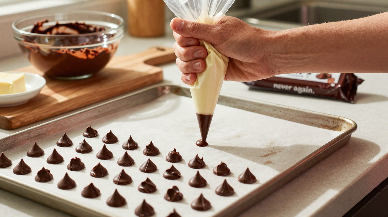 Pessoa a usar saco de pasteleiro para formar gotas de chocolate numa forma no balcão da cozinha.