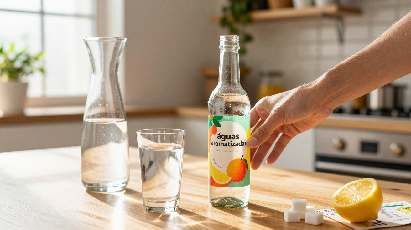 Mão a segurar garrafa de água aromatizada junto a copo, jarra, limão partido e cubos de açúcar numa cozinha iluminada.