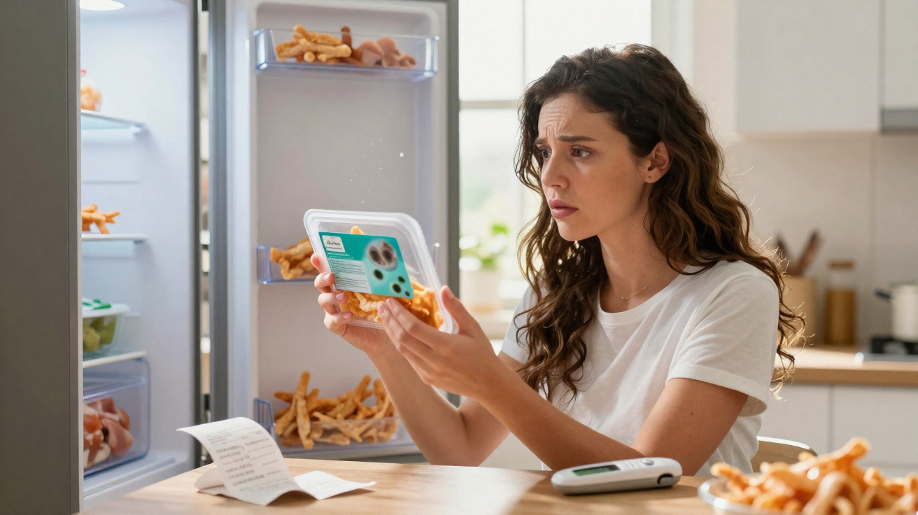 Mulher preocupada a analisar embalagem de comida perto do frigorífico aberto cheio de snacks.