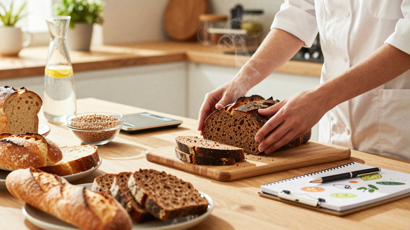 Pessoa a cortar pão integral numa cozinha, com vários tipos de pão e caderno com desenhos na mesa.