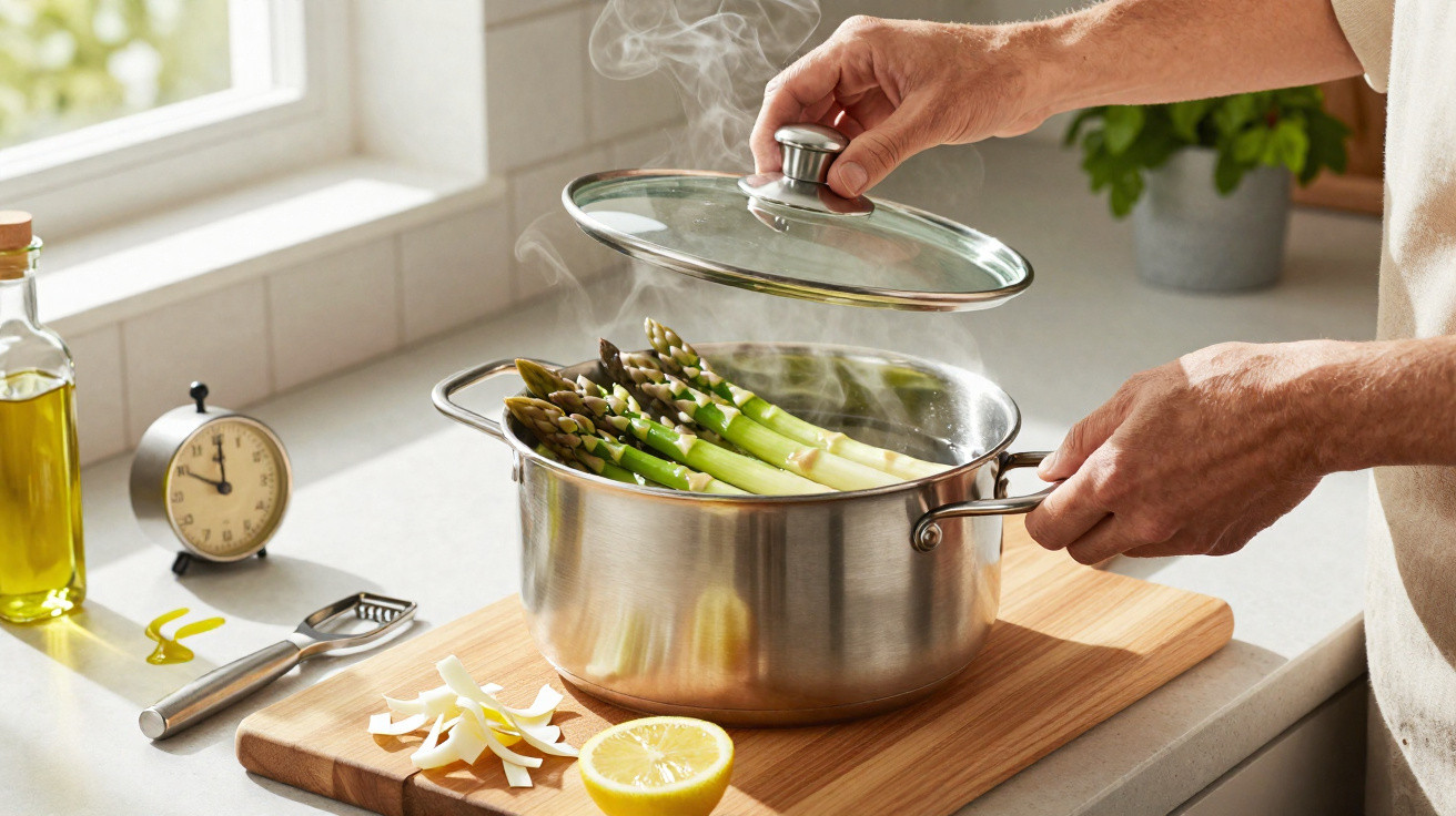 Mãos a levantar tampa de panela com espargos a cozer em cozinha iluminada com óleo e limão.