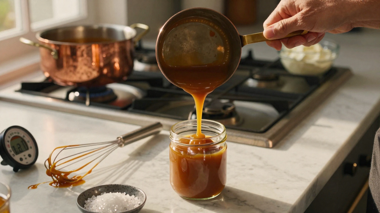 Mão a verter caramelo quente de caçarola para frasco em cozinha com utensílios e fogão ao fundo.