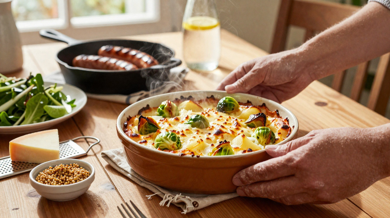 Prato de gratinado com couve-de-bruxelas e batatas a ser colocado numa mesa de madeira com outros alimentos.