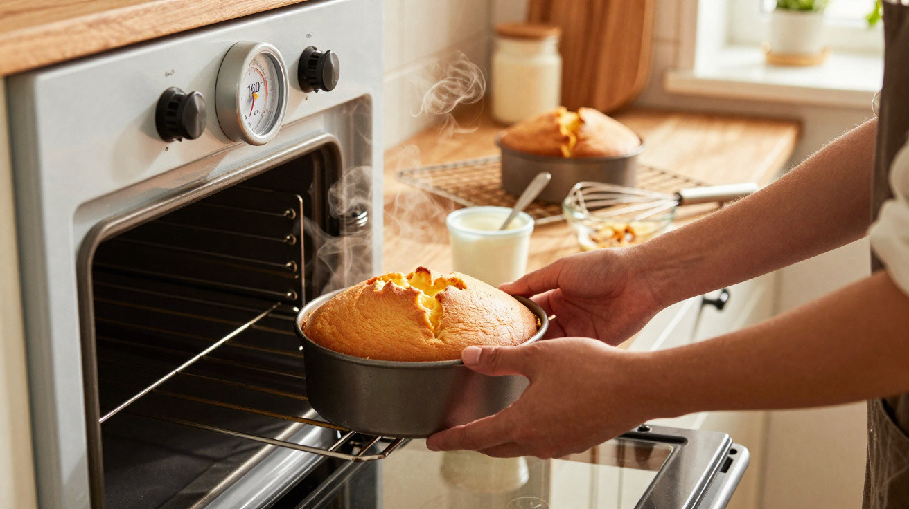 Pessoa a retirar do forno um bolo acabado de fazer, com vapor a sair.