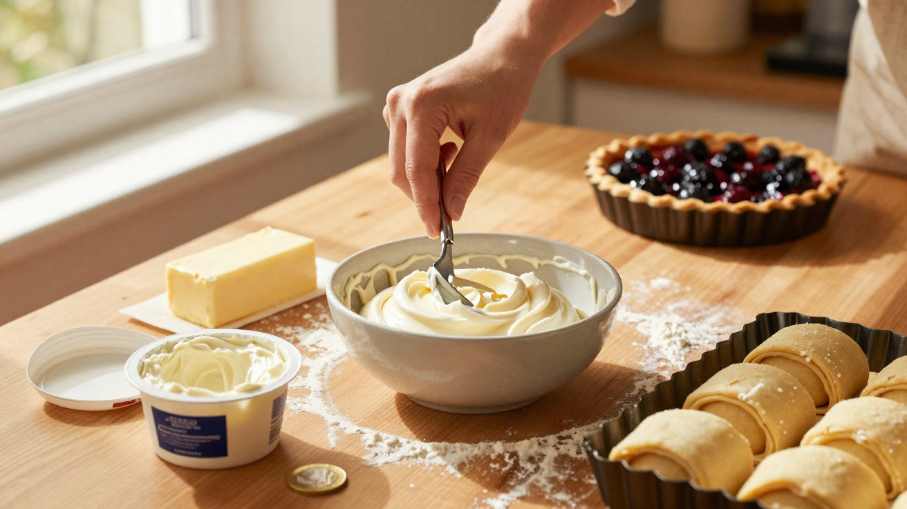 Mão a mexer creme numa taça com ingredientes e massa para tarta numa bancada de cozinha em madeira.
