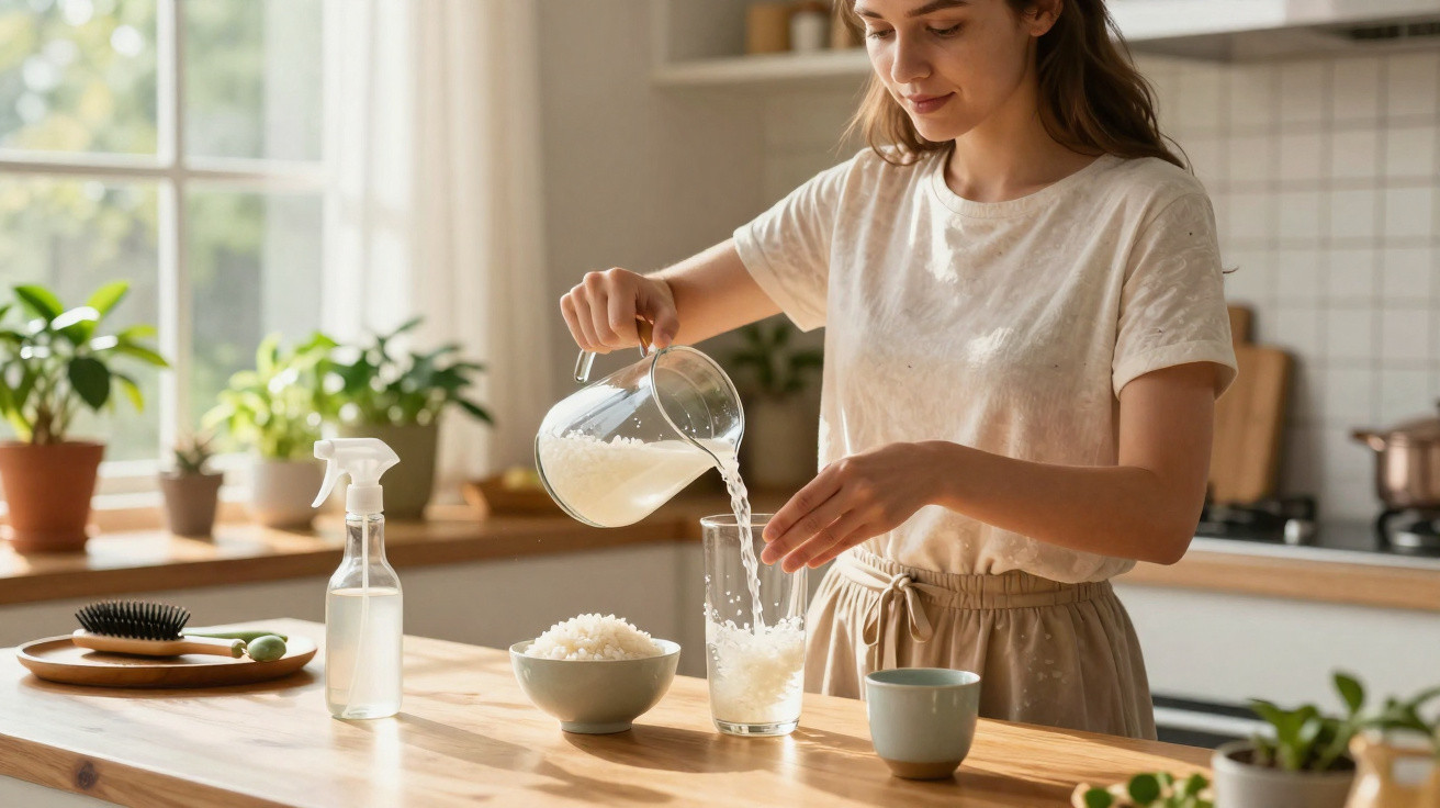 Mulher a verter leite vegetal num copo numa cozinha com plantas e utensílios ao fundo.